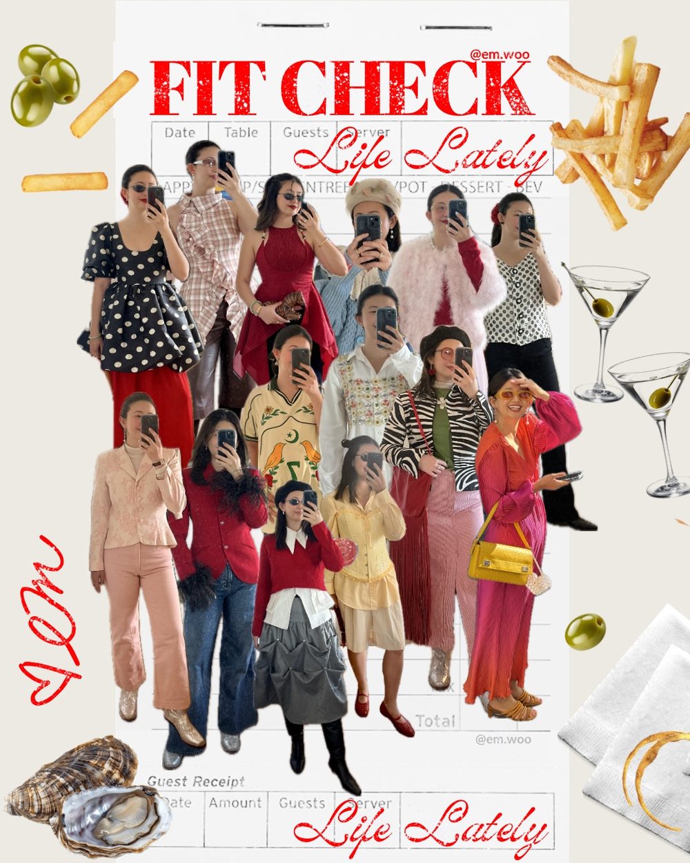 Fit Check cover collage — Life Lately, a grid of outfit photos on a diner receipt background